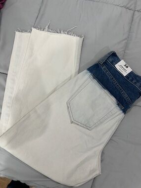 Mango Two-Tone High-Rise White Jeans with Blue Waistband